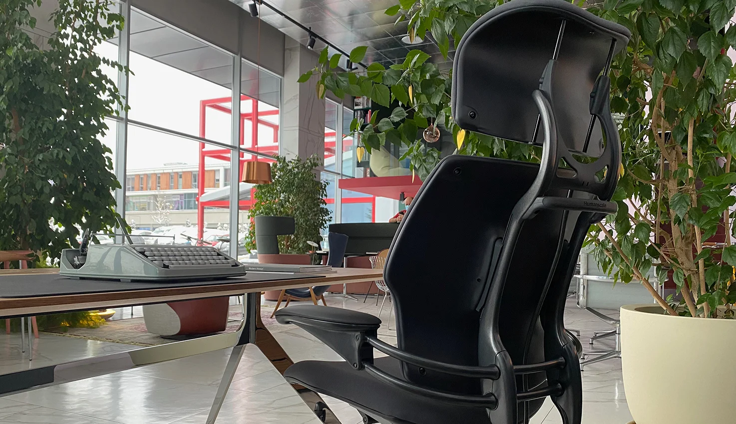 Close-up of the Freedom Chair in an office setting. 